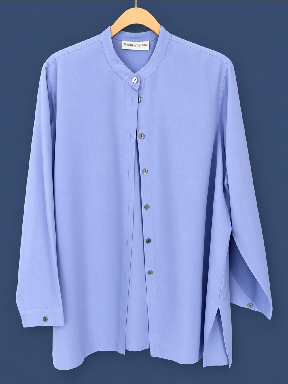 Valerie Stevens Lavender Blue Mandarin-Collar Button Front Blouse
